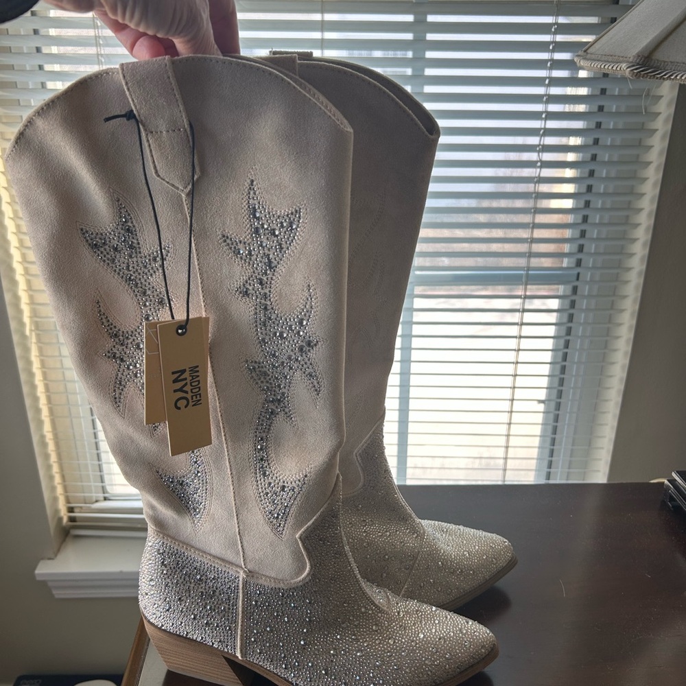 Modern NYC Beige Rhinestone Cowboy Boots